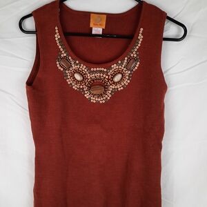 Ribbed Sleeveless Ruby Rd. Beaded Top Warm Pumpkin Colored Size M